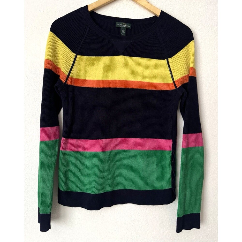 Ralph Lauren Y2K Colorblock Lace-Up Sweater Womens S Cotton Waffle Knit LRL